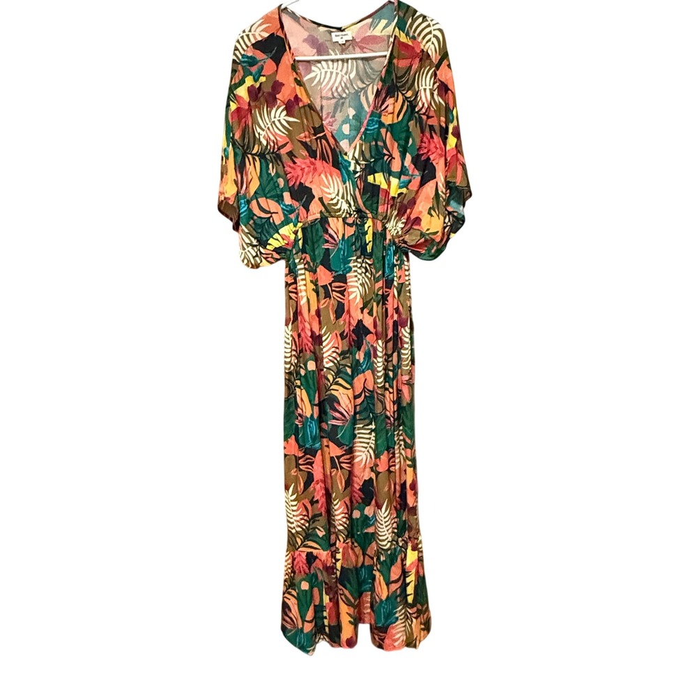 World Market Maxi Dress Tropical‎ Leaf Print L/XL Multi Excellent Boho Viscose